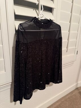 Vince Camuto Black Sequin Mesh Yoke Long Sleeve Top